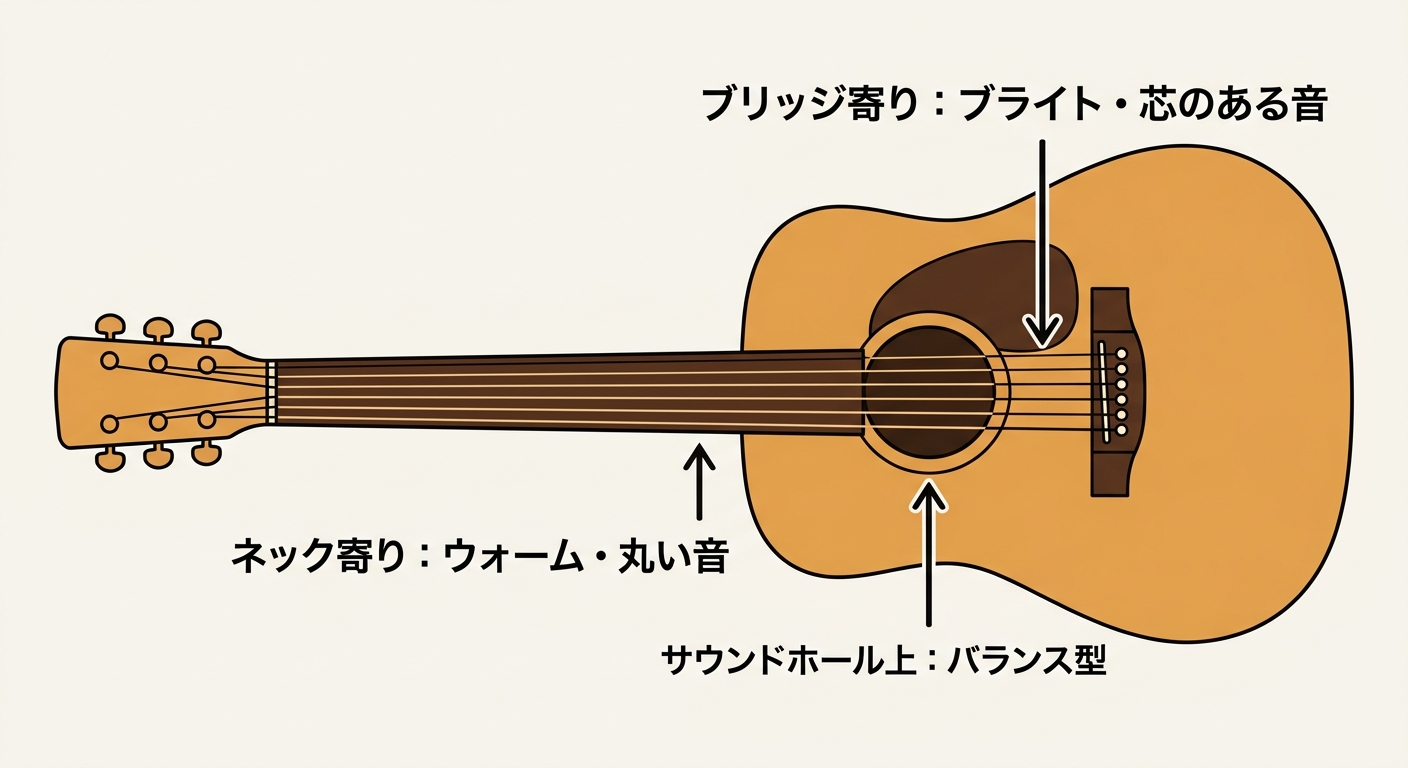 ピッキング位置と音色の関係を示す模式図