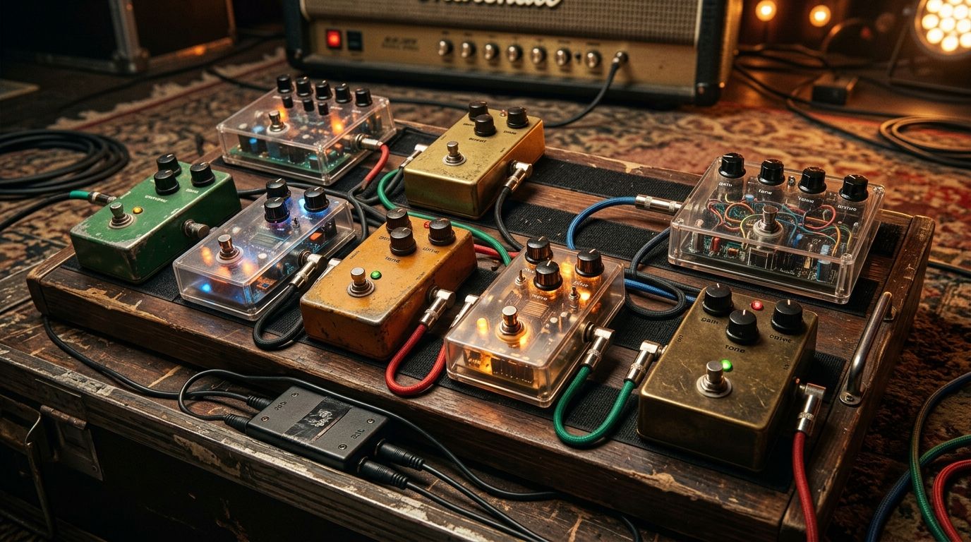オーバードライブペダルが並ぶペダルボードのイメージ